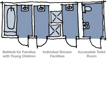 Diagram showing bathrooms with bathtubs, showers, and toilets