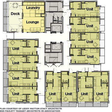 A floor plan of a building that has many individual units, but also a large shared deck, lounge and laundry room.
