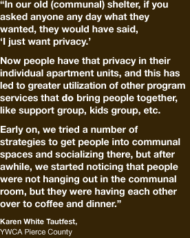 “in our old [communal] shelter, if you asked anyone any day what they wanted, they would have said, I just want privacy…now people have that privacy in their individual apartment units, and this has led to greater utilization of other program services that DO bring people together like support group, kids group, etc.” Early on, we tried a number of strategies to get people into communal spaces and socializing there, but after a while, we started noticing that people were not hanging out in the communal room, but they were having each other over to coffee and dinner.” -Karin White Tautfest, YWCA Pierce County 