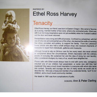 A sign telling the story of why Ethel Ross Harvey personified "Tenacity"