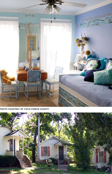 (Top) A brighly-colored room with a daybed and small table. (Below) A cluster of small cottages around a shared yard.