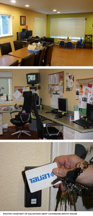 Top: The shelter's common room, with durable furniture. Middle: The office has counters at the perimeter, so workers and residents can share workspace. Bottom: Key card access for security.