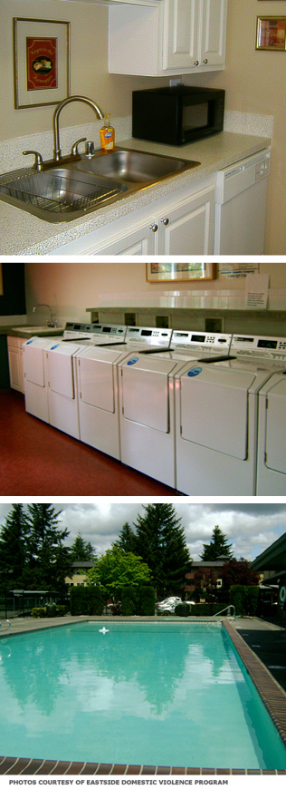 Top: A small kitchen that is part of an individual unit. Middle: A long line of commercial washers. Bottom: The shelter's pool.