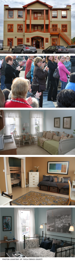 From top to bottom: 1) The building's renovated exterior 2) Supporters gathering to celebrate the shelter's opening 3-5) Three different rooms in the shelter, all decorated in different styles by volunteers.
