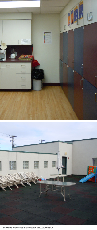 Top: The shelter's kitchen has a wall of mini refrigerators which all lock individually for storing residents' food. Bottom: An exterior play area on the roof has a rubber floor for active kids.